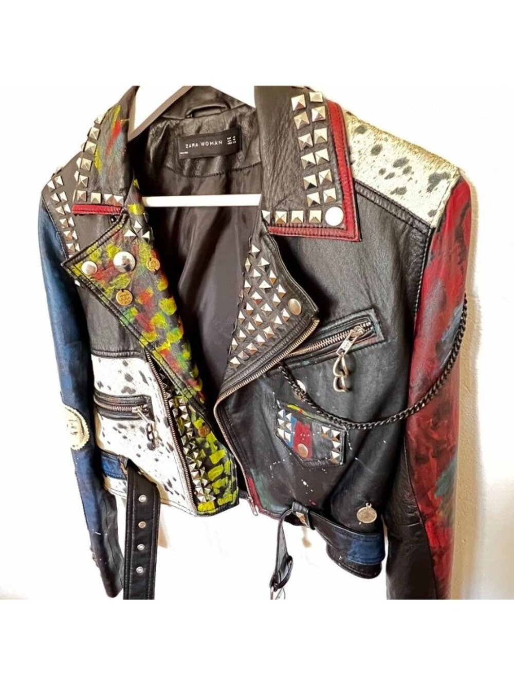 Zara Women M Ltd Edition Leather Battle Jacket Moto Studded Patchwork Cropped - Picture 7 of 16